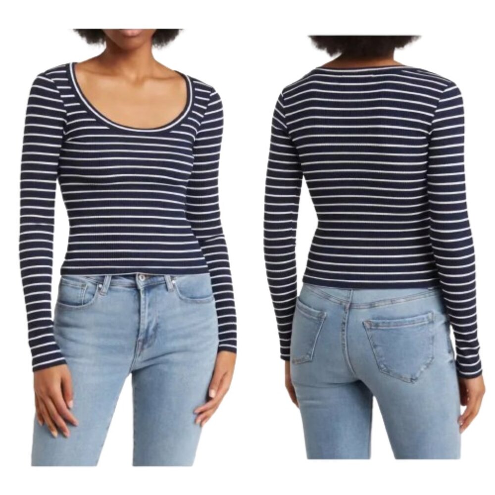 Elodie Navy Blue Rib-Knit Stripe Top Long Sleeves Scoop Neck Fitted Cotton